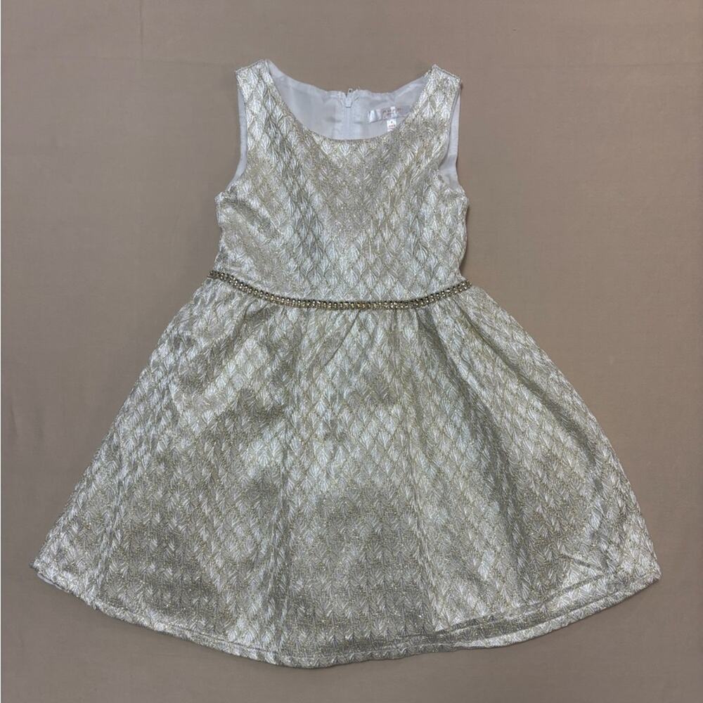 Tahari Girls Metallic Gold Fit and Flare Tie Back Dress with Gold Trim Size 4